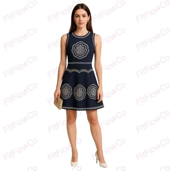 Alya Dresses & Skirts - ✨ Alya Navy Blue Fit & Flare Dress with White Embroidery – Size S – EUC